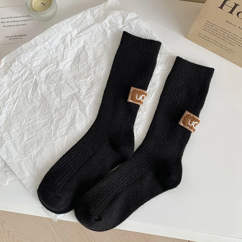 1 Pair Autumn Winter Solid Warm Velvet Thickened Pile Socks Embroidered Logo Mid-Calf Length Socks Casual Cotton Snow Boot Socks