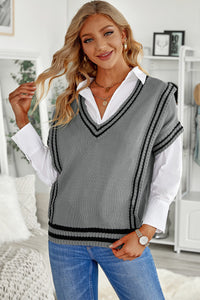 Gray V Neck Contrast Stripes Trims Short Sleeve Sweater