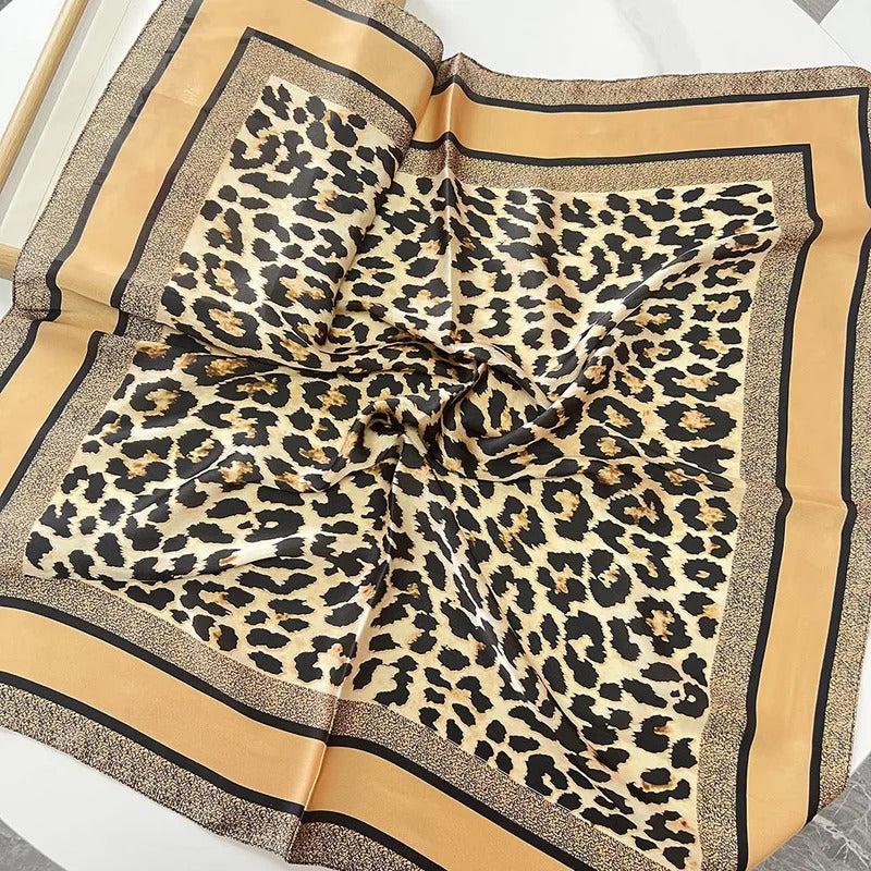 1pcs 70cm Leopard Print Silk Scarf for Women Imitation Silk Light Luxury Versatile Headwear Bag Decoration Clothing Square Scarf