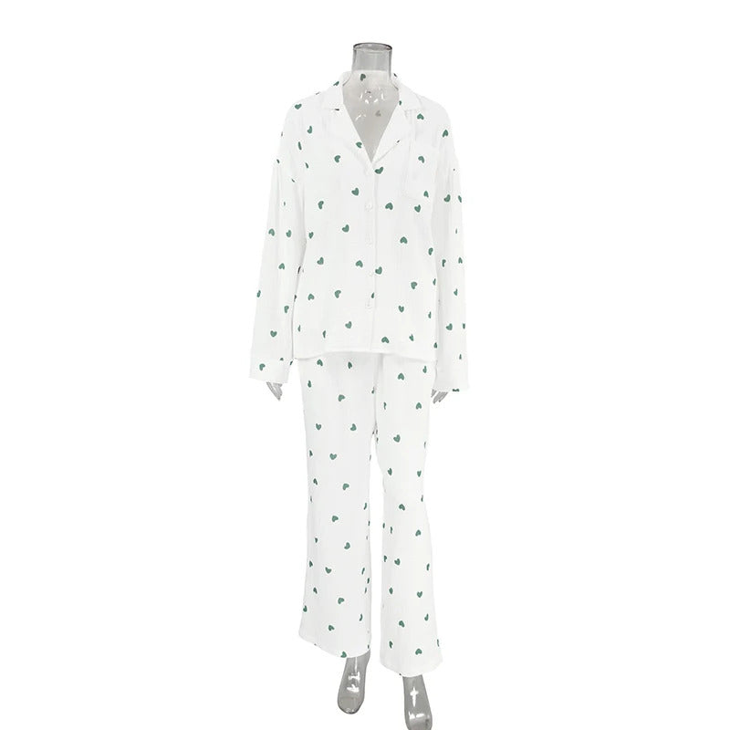 Summer New Love Heart Print Pyjama 100% Cotton Long Sleeve Set 2Pcs Outfit Lapel Sleepwear Button Down Women's Pajamas Nightwear