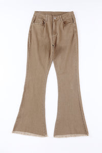 Khaki Raw Hem High Waist Flare Jeans