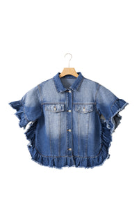 Peacock Blue Raw Edge Ruffled Short Sleeve Denim Jacket