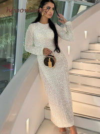 Elegant Sequined Detachable Sleeve Dresses Women Shiny O Neck Long Sleeve Split Party Long Dress 2024 New Lady Glitter Robes