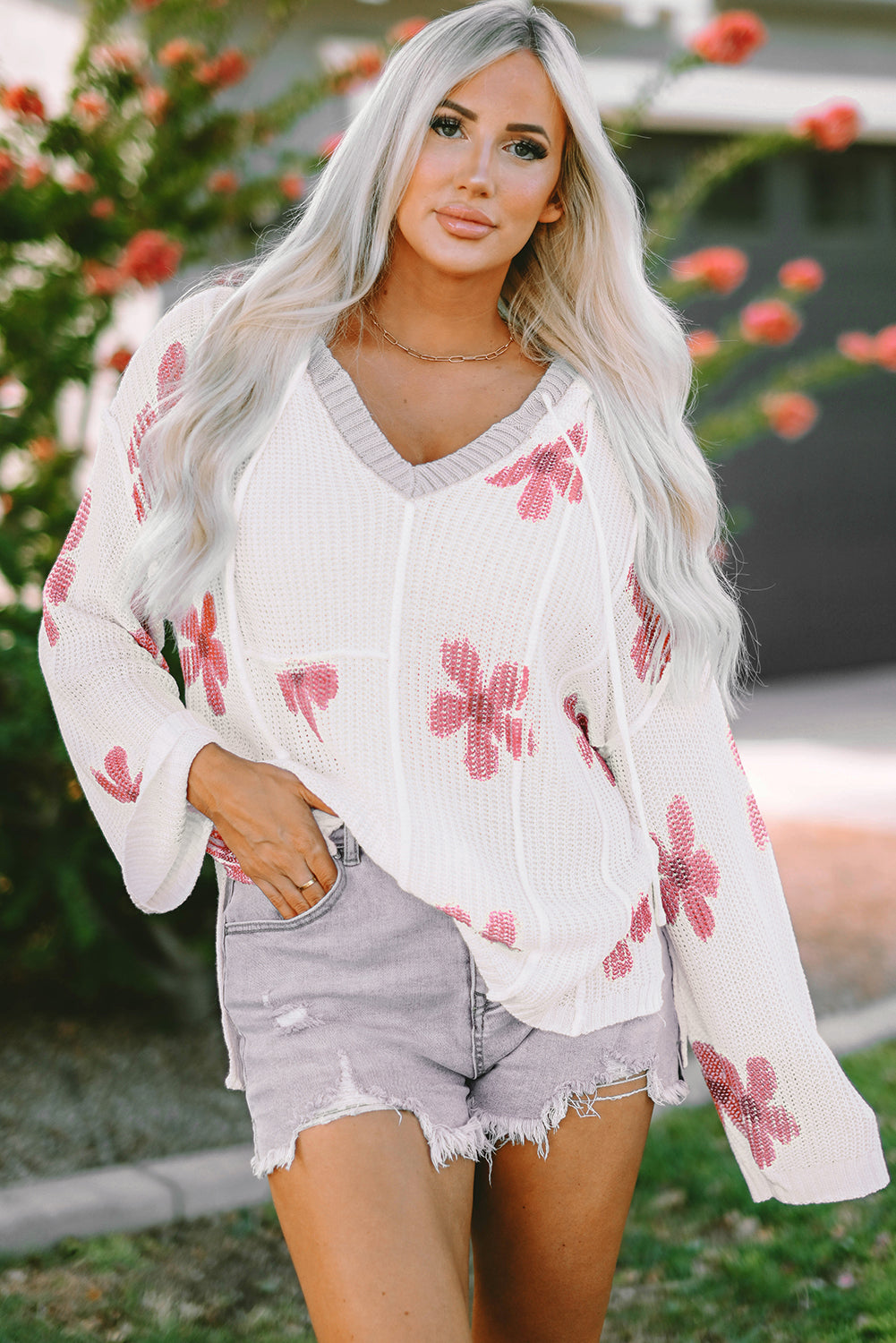 Floral Print Lightweight Knit Hooded Sweater