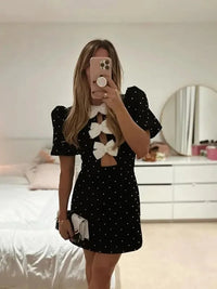 Red O-neck Puff Sleeve Mini Dress For Women Elegant Heart Decoration High Waist Gowns 2025 Fashion Ladies Party Evening Robes