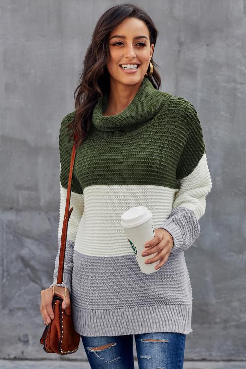 Green Turtleneck Color Block Pullover Sweater