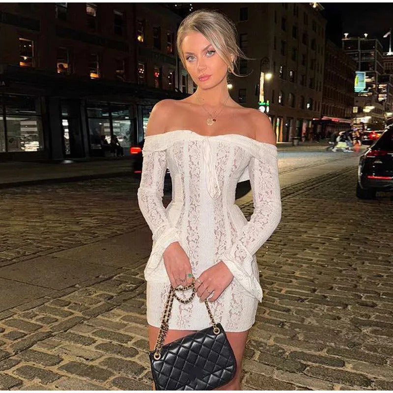 White Floral Lace Off-shoulder Maxi Dress For Women Elegant Strapless Backless Long Sleeve Bodycon Robes 2024 Lady Party Dresses