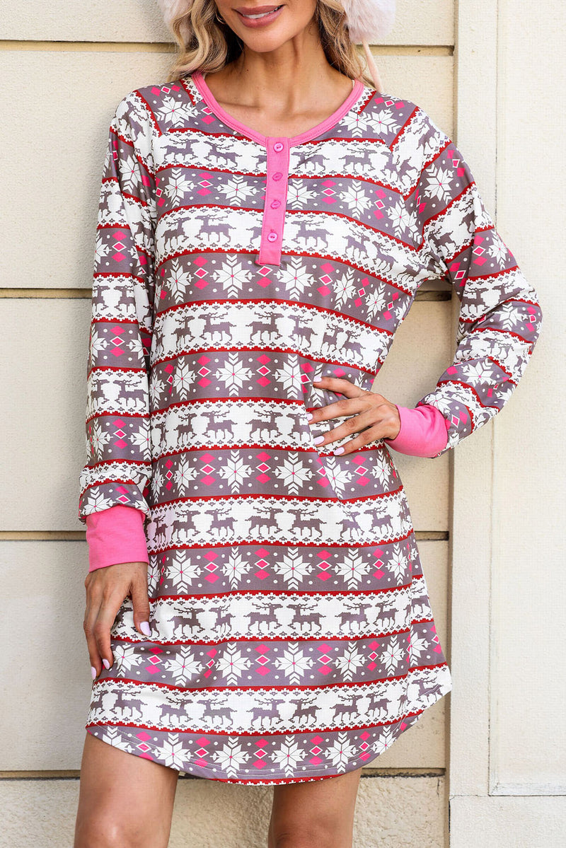 Rose Christmas Pattern Henley Pajama Dress