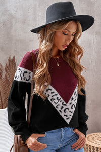 Black Colorblock Chevron Leopard Pullover Sweater