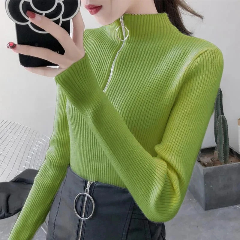 Knitted Women Zipper Half High Neck Sweater Pullovers Autumn Winter Basic Women Sweaters Slim Solid Knitwear Pull Femme Tops