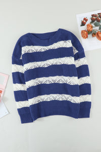 White Striped Colorblock Knit Sweater