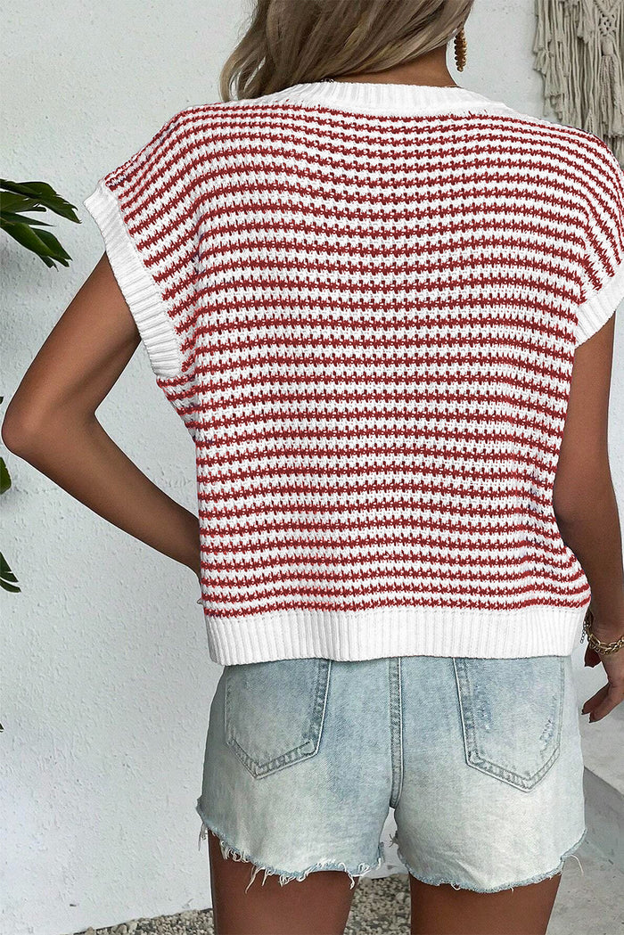 Red Stripe Ribbed Trim Loose Fit Knitted Sweater Vest