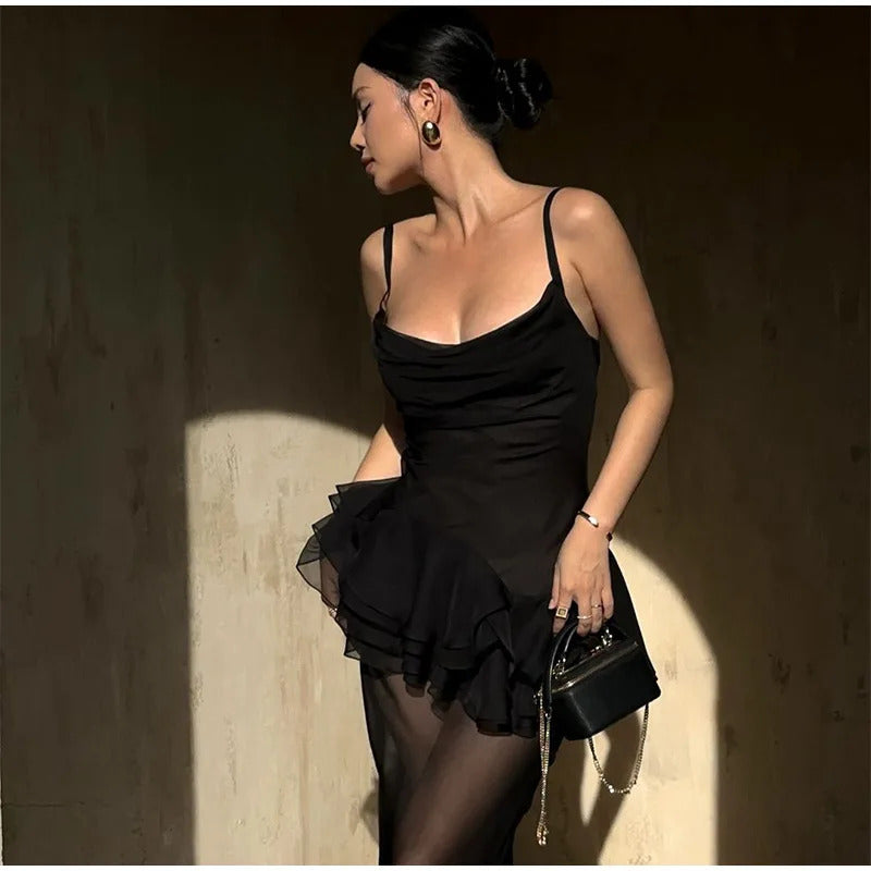 Woman Sexy Black Suspender Patchwork Dress Fashion High Waisted Slim Fitting Mesh Backless Robe 2025 Chic Ladies Evening Dresses