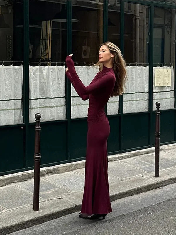 Fashion Long Sleeve Bodycon Pleated Maxi Dresses Elegant Dark Red High Necked Maxi Dress For Women Autumn New Street Vestidos