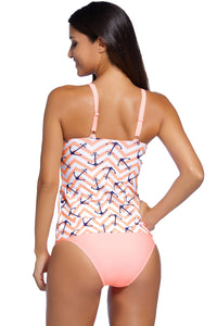 Chic Anchor Print Pink 2pcs Tankini Swimsuit