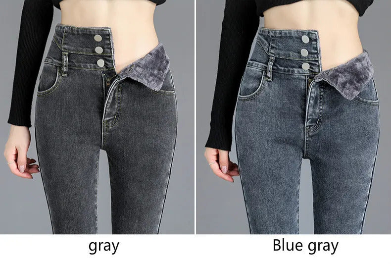 Thermal Winter Thick Fleece High-waist Warm Skinny Jeans Thick Women Stretch Button Pencil Pants Mom Casual Velvet Jeans