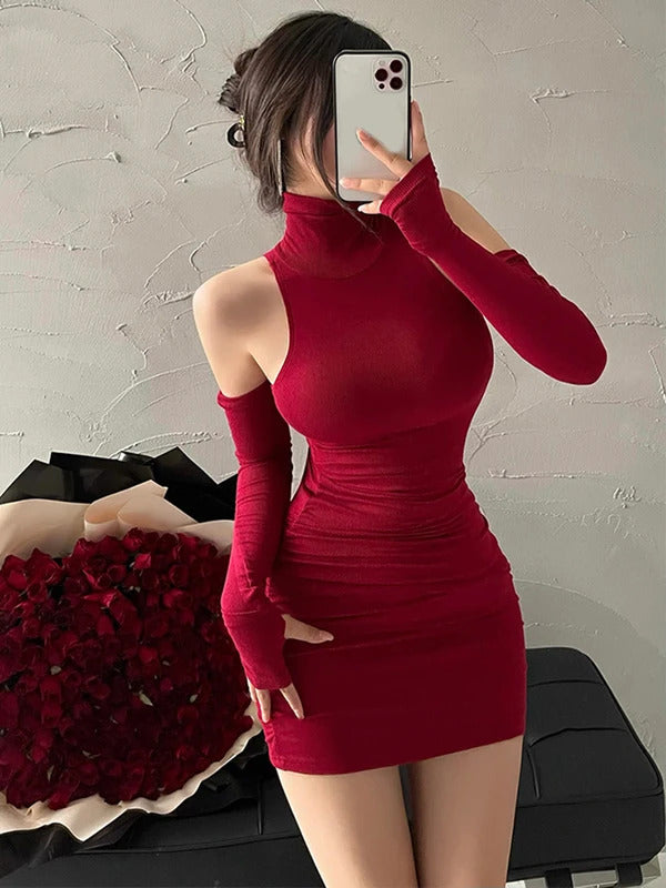 Summer Sexy High Neck Tight Dress Oversleeve Pleated Bottom Wrapped Hip Dress Women Bodycon