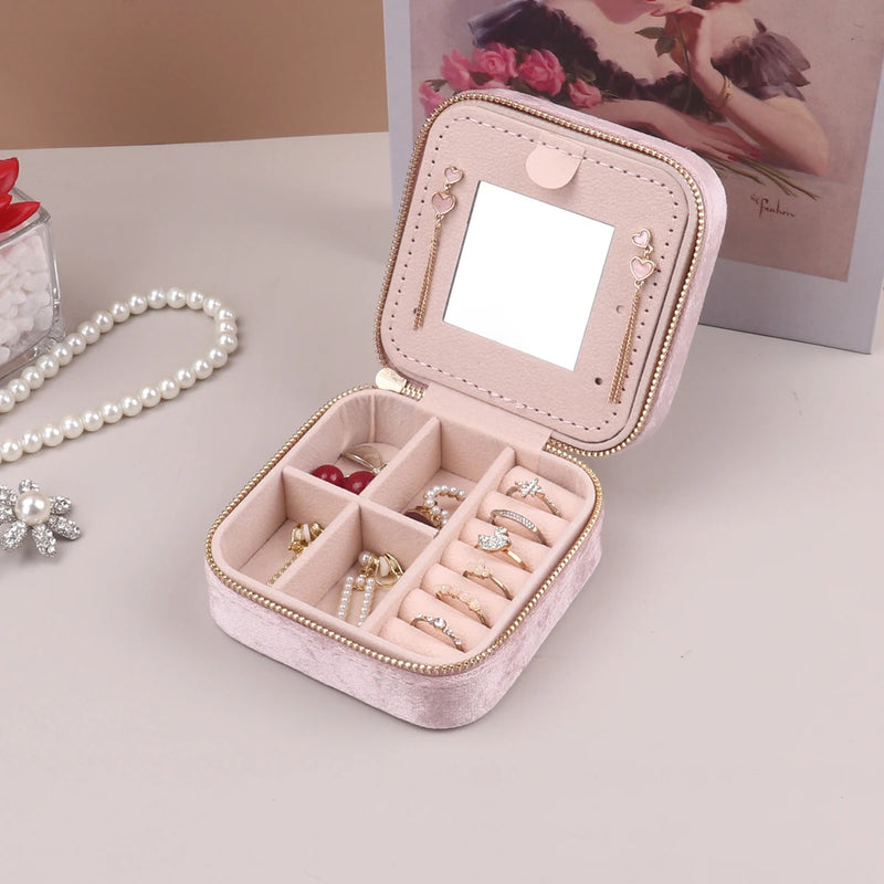 Velvet Jewelry Box For Women Geometric Sqaure Jewelry Storage Case Necklace Ring Earrings Travel Portable Zipper Boxes