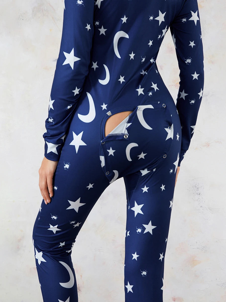 Back Buttoned Flap Pajamas Jumpsuit for Women Christmas Sleepwear Fall Winter Printed Long Sleeve Rompers Loungwear Outfit