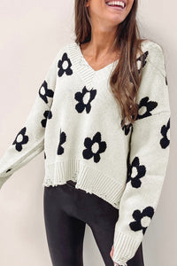 Beige Floret Knitted V Neck Distressed Sweater