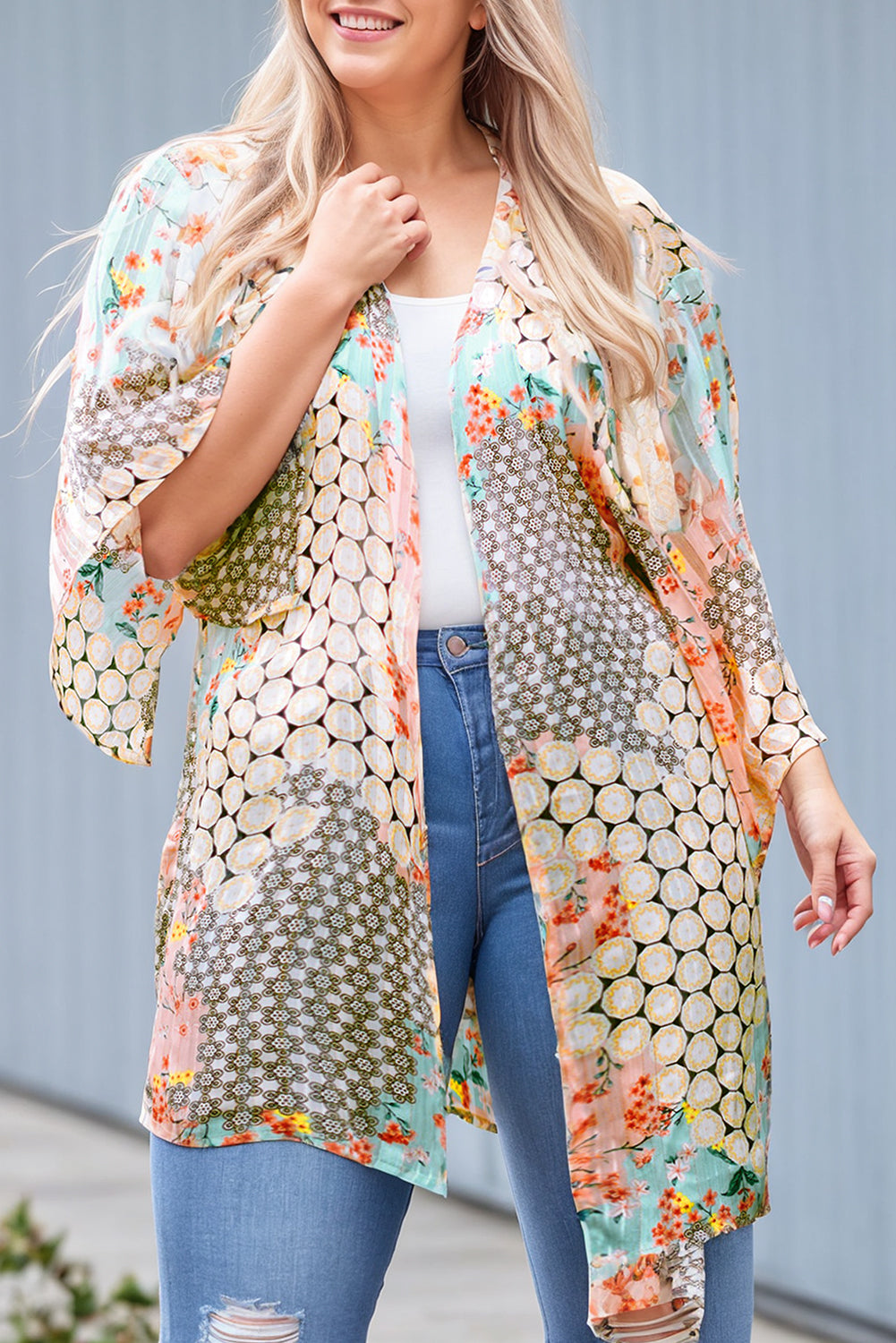 Green Floral Mixed Print Open Front Plus Kimono