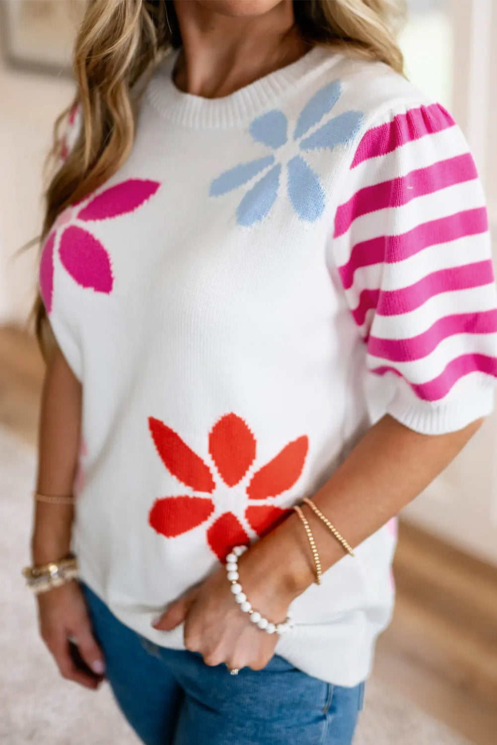 White Floral Pattern Striped Sleeve Sweater T Shirt