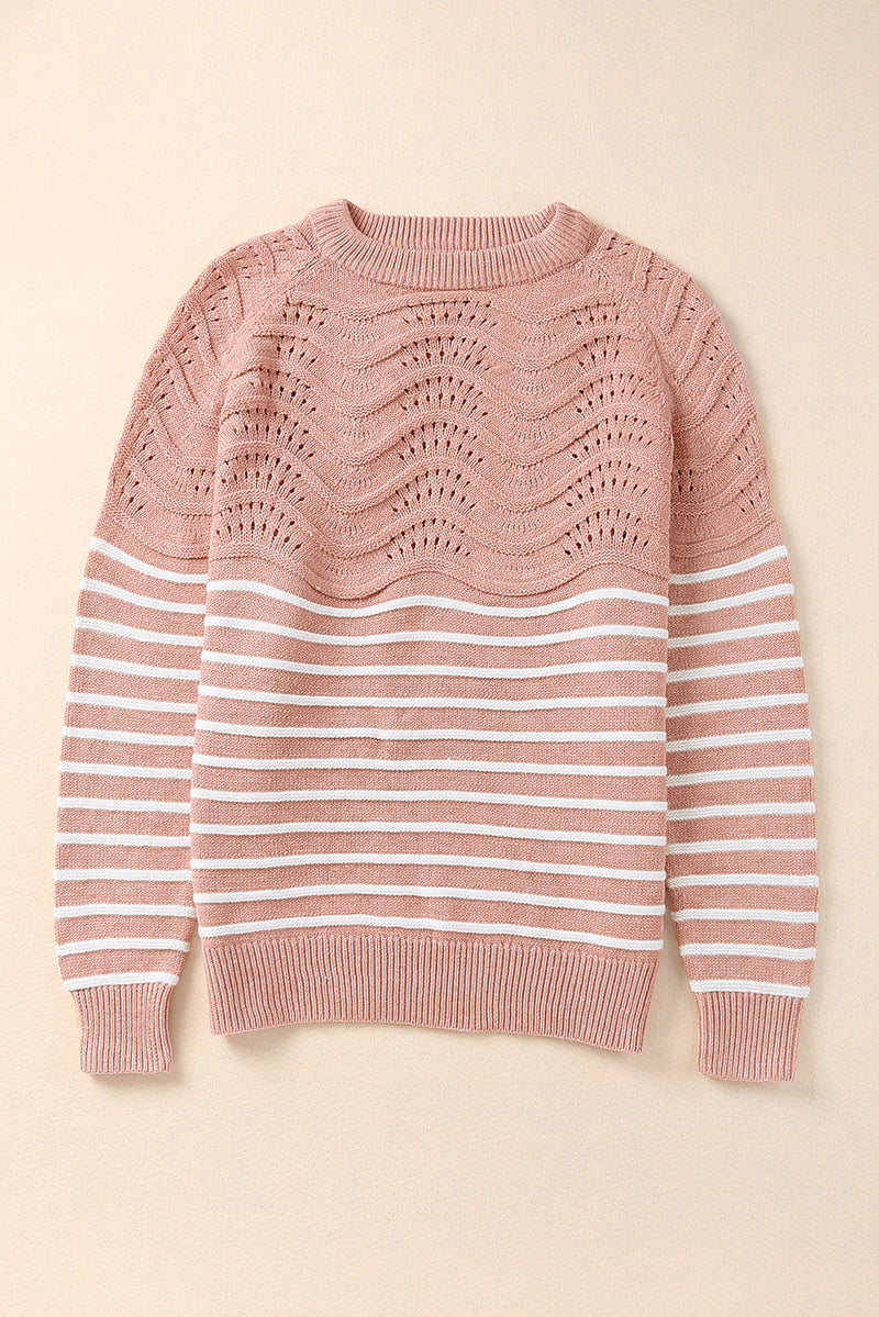 Pink Striped Textured Long Sleeve Knit Sweater