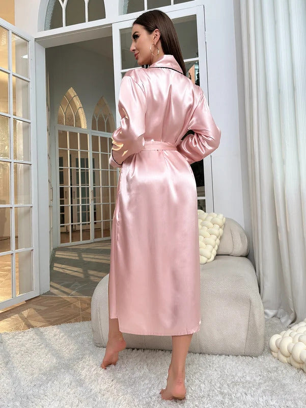 Simple Satin Night Robe Long Sleeve V Neck Robe With Belt  Women's Sleepwear