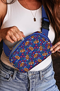 Navy Blue Rugby Flower Print Zipped Inclined Shoulder Bag