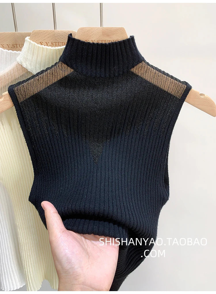 Mesh Knitted Top Women Y2K Tank Top Half Neck Vest Female Sleeveless Sweater Chic Cut Out Streetwear Solid Skinny Tube Top