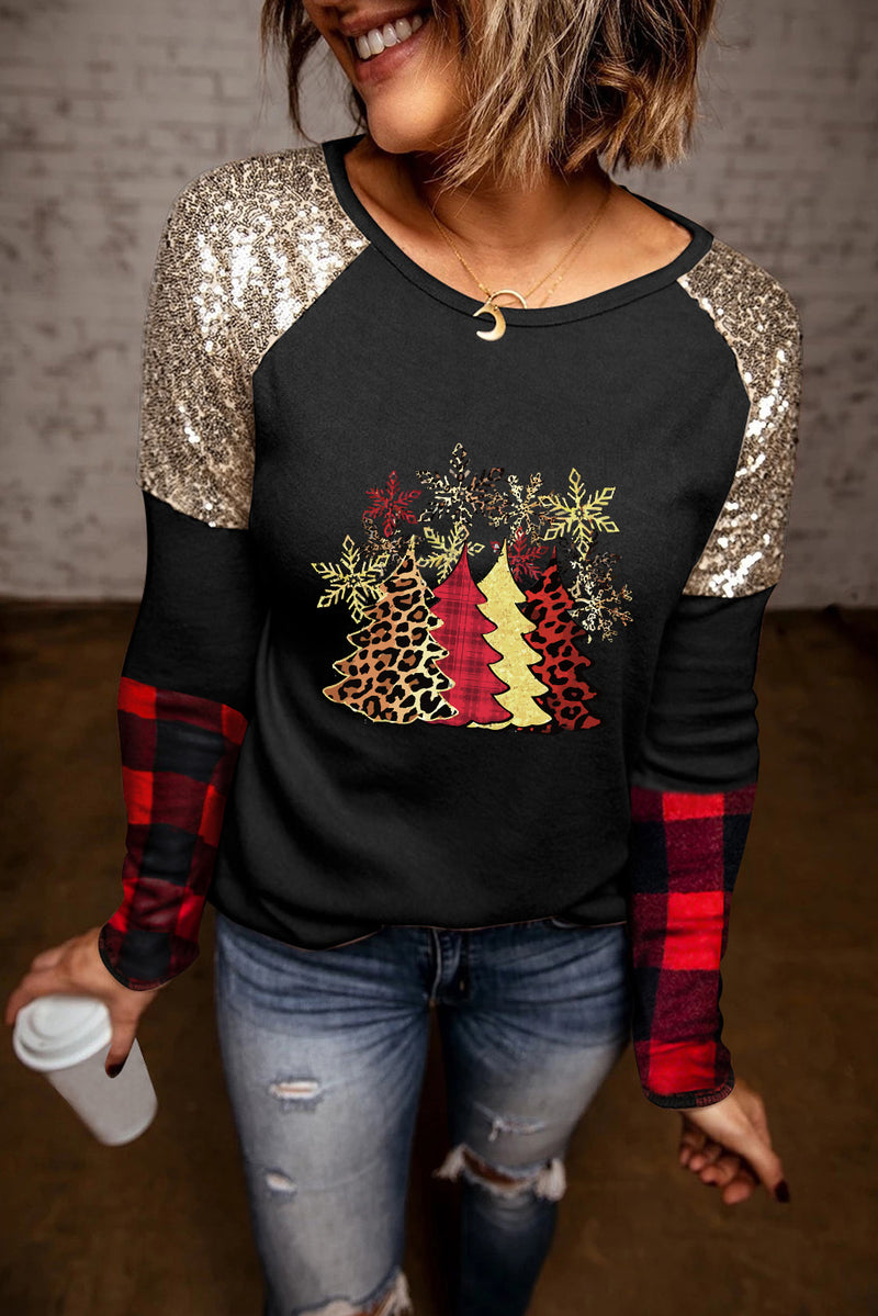 Black Christmas Tree Graphic Sequin Plaid Long Sleeve Top