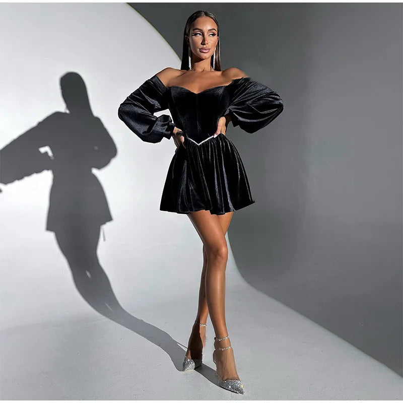 Elegant Velvet Strapless Mini Dresses Women Solid Off Shoulder Long Sleeved Dress Female 2025 Autumn Chic Evening Party Robes