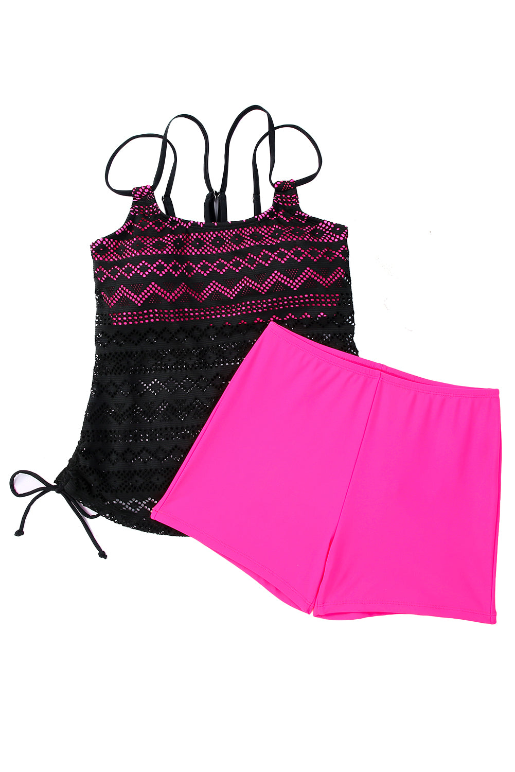 Rose Color Block Lace Drawstring Tie Tankini Set