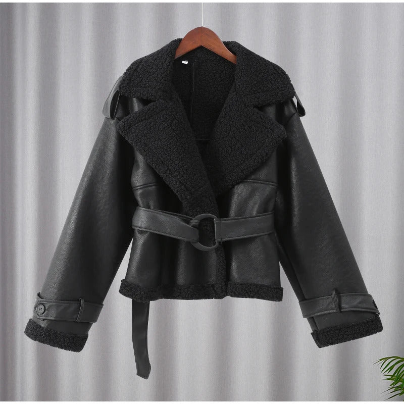 Women Black Lamb Wool Patchwork Leather Overcoat Fashion Lapel High Waist Pockets Jacket With Belt Winter Lady Street Warm Coats