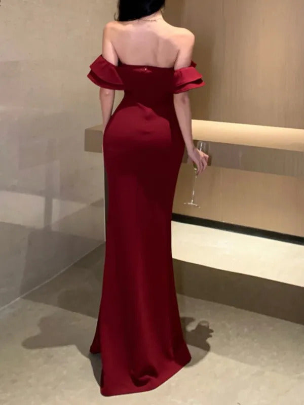 Sexy Bodycon Long Dresses for Women Wedding Evening Party Prom Robe Ruffles Slash Neck High Split Hollow Out Summer New Vestido