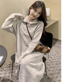 "A · Fashion" Autumn and Winter Knitted dress Polo Collar Loose Mid-Length French sle Dress