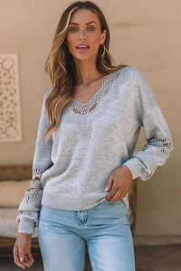 Gray Hollowed Lace Splicing V Neck Loose Sweater