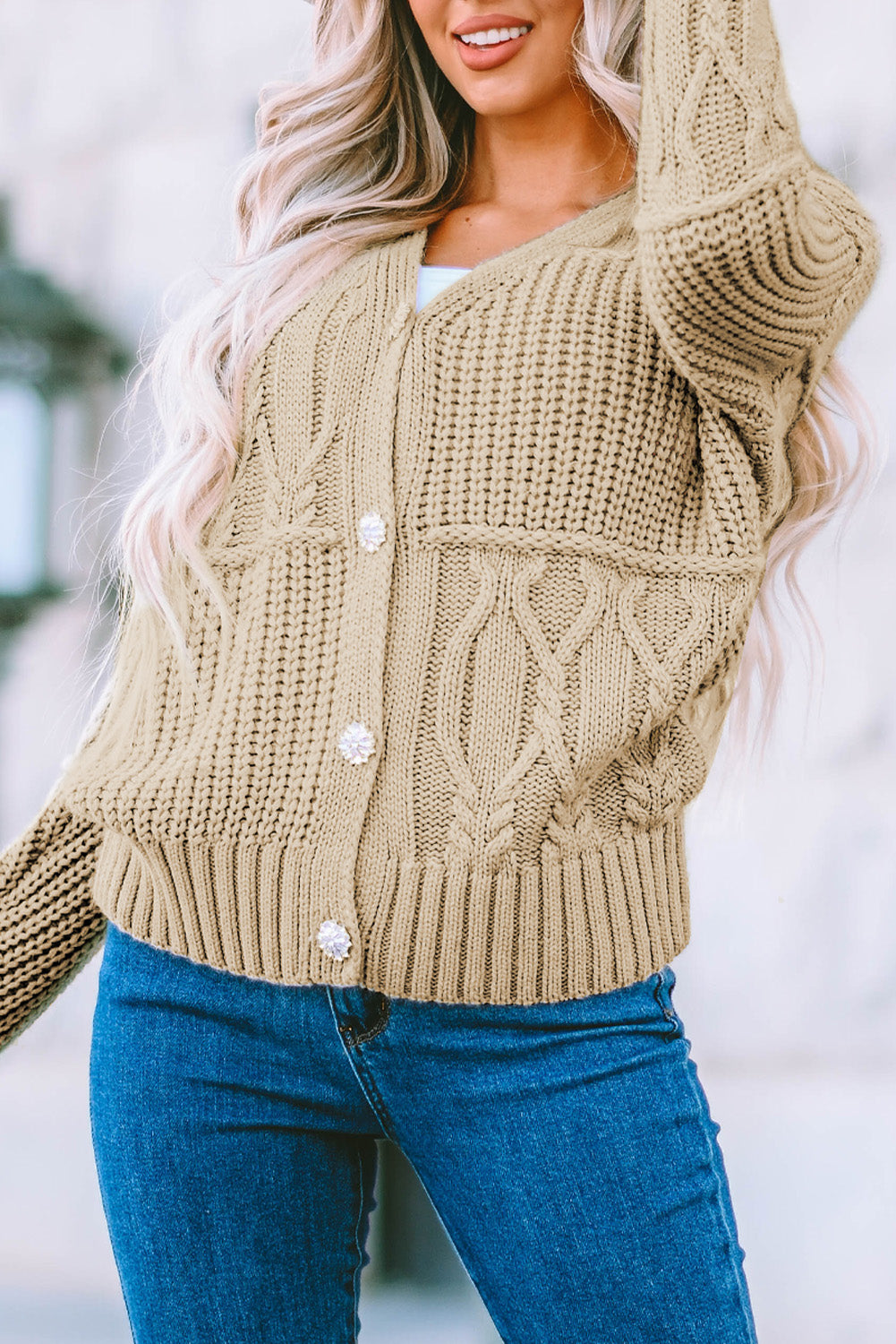 Apricot Buttons Front Patterned Texture Knit Cardigan