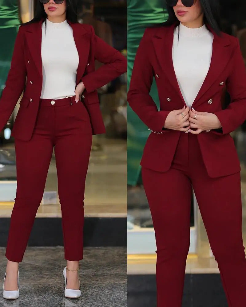 New 2025 Formal Office Pant Sets Women 2PCS Double Breasted Solid Blazers Jacket and Pants Two Pieces Set Female Pant Suits Sets