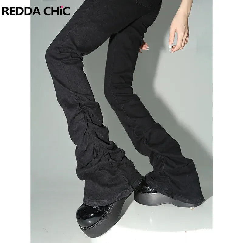 REDDACHiC Black Ruched Flare Jeans Women Solid Stretch Bootcut Stacked Pants High Rise Trousers Harajuku Goth Grunge Y2k Clothes