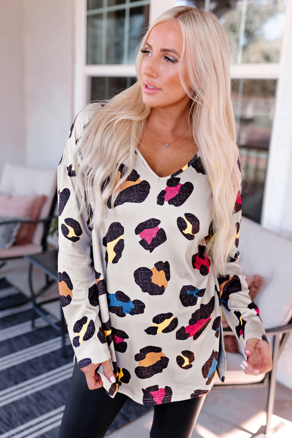 Apricot Colorful Leopard Print V Neck Long Sleeve Top with Slits