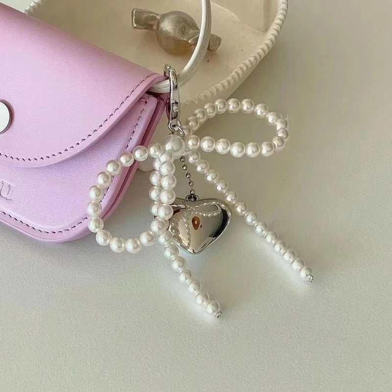 ZAKOL White Bowknot Heart Keychain Women Sweet Charm Pearl Bow Backpack Key Ring Handmade Jewelry Ornament Bags Pendants Gif