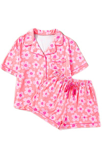 Pink Flower Print Short Sleeve Shirt Pajamas Set