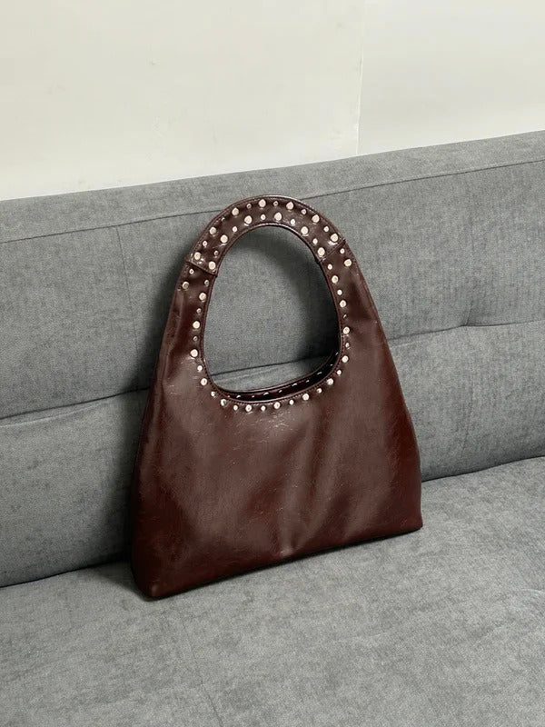 24 new retro rivet decorative shoulder bag European and American motorcycle wind oil wax leather armpit handbag for women