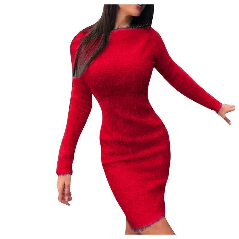 Women Slim Plush Dress Long Sleeve Wrap Pullovers Sweater Mini Dresses Female 2024 Autumn Winter Warm Vestidos Streetwear New