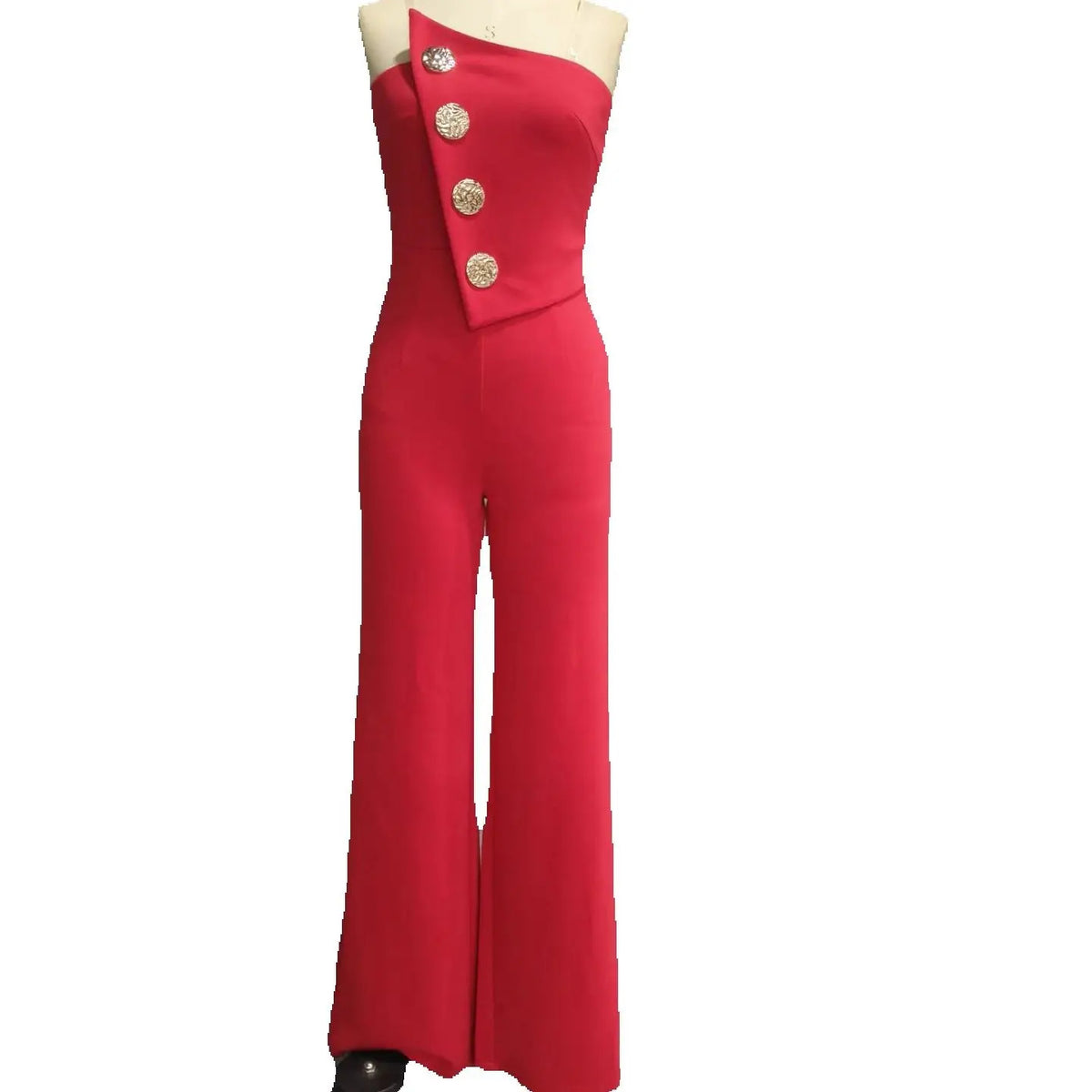 2024 Asymmetrical Bandeau Strapless Jumpsuit Metal Button Decor Casual Overalls