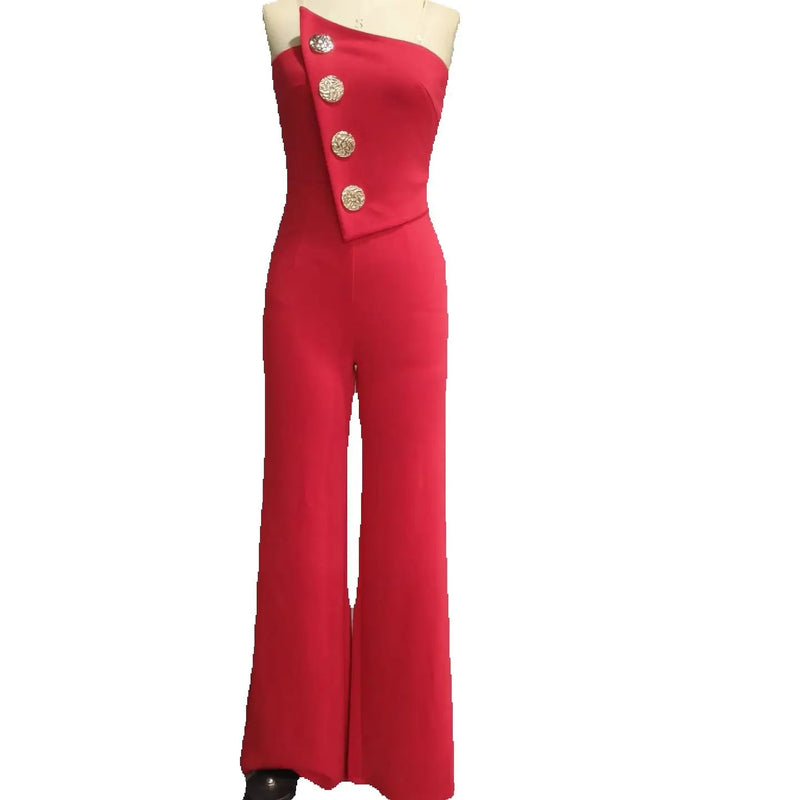 2024 Asymmetrical Bandeau Strapless Jumpsuit Metal Button Decor Casual Overalls