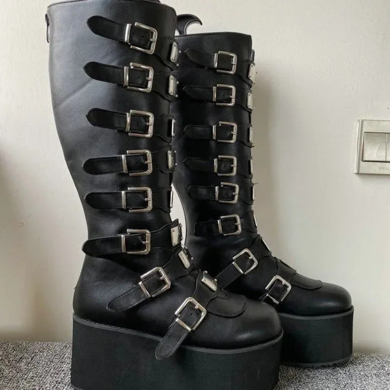 Punk Women Boots Cosplay Ladies High Heel Platform Wedges Women High Boots Gothic Buckle Strap Long Tube Leather Female Boots