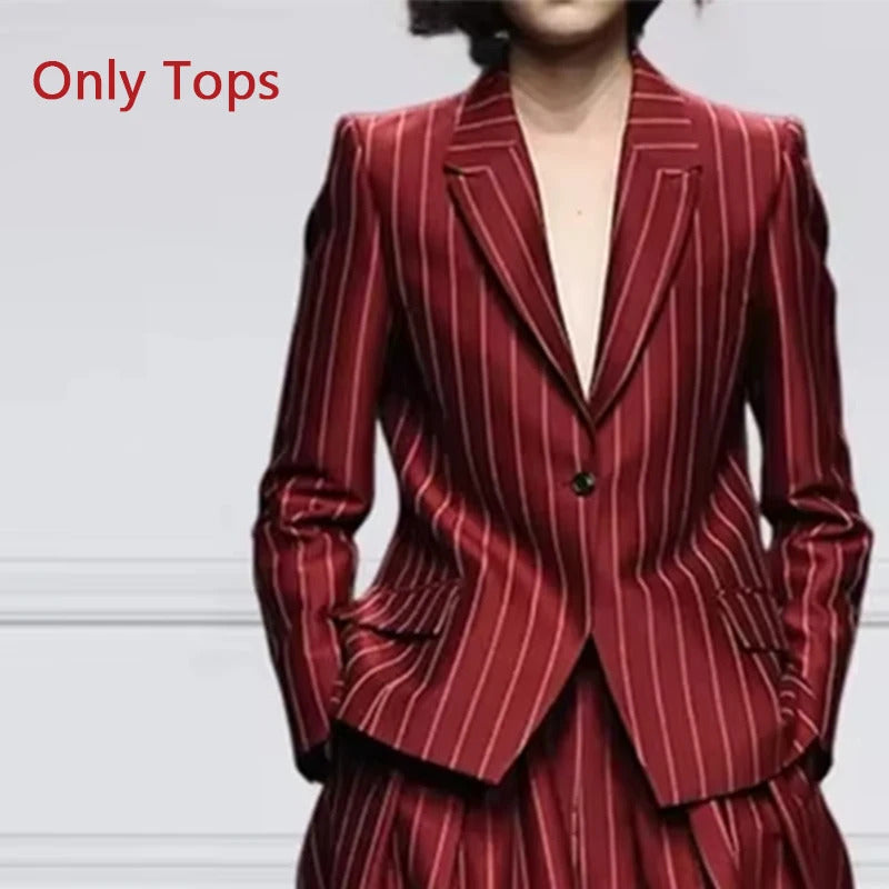 Beautyblue Blazer Set Women Notched Collar Outerwear Striped Trousers New Vintage Loose Wide Leg Long Sleeves Suit Costume Femme