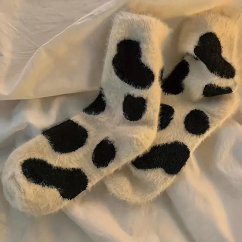 2 Pairs Cute Cow Spots Print Socks, Thickened & Warm Coral Fleece Socks, Women's Stockings & Hosiery